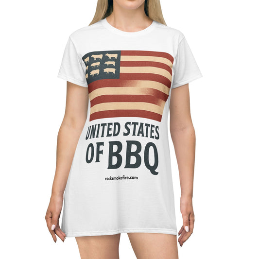 BBQ Pride T-Shirt Dress, Summer BBQ Outfit, Casual Women's Dress, Gift for Grill Lovers, Independence Day Apparel