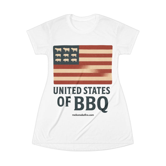BBQ Pride T-Shirt Dress, Summer BBQ Outfit, Casual Women's Dress, Gift for Grill Lovers, Independence Day Apparel